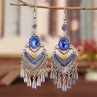 bohemian ethnic colorful rhinestone crystal drop earrings for women vintage long antique silver color tassel earrings jewelry