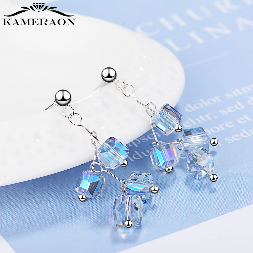 

Geometric Irregular Blue Crystal Rubik Cube Earrings Long Square Stud Earrings Korean Style Elegant Drop Ear Rings Summer 2021