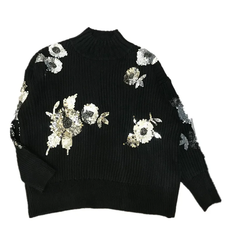 Черный свитер женский 2019 осень и зима бисер цветок украшение расшитые блестками