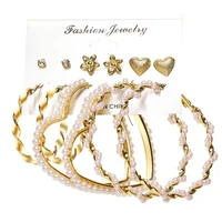 european and american new love earrings 6 piece creative pearl diamond golden circle earrings set