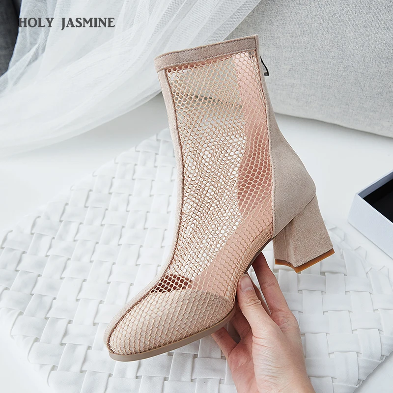 

2020 New Arrival Fashion Ankle Boots Breathable Net Cloth Spring Summer Square heel Women Boots Thick High Heels Ladies Shoes