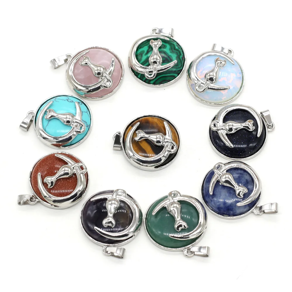 

Natural Round Stones Pendant with Cute Rabbit Shape Rose Quartz Amethyst Opal Malachite Sodalite Charms for Jewelry Making DIY