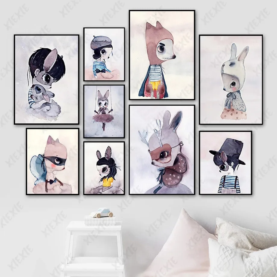 Мультяшные эльфы Сказочная Картина на холсте постер с животными Кроликом оленем