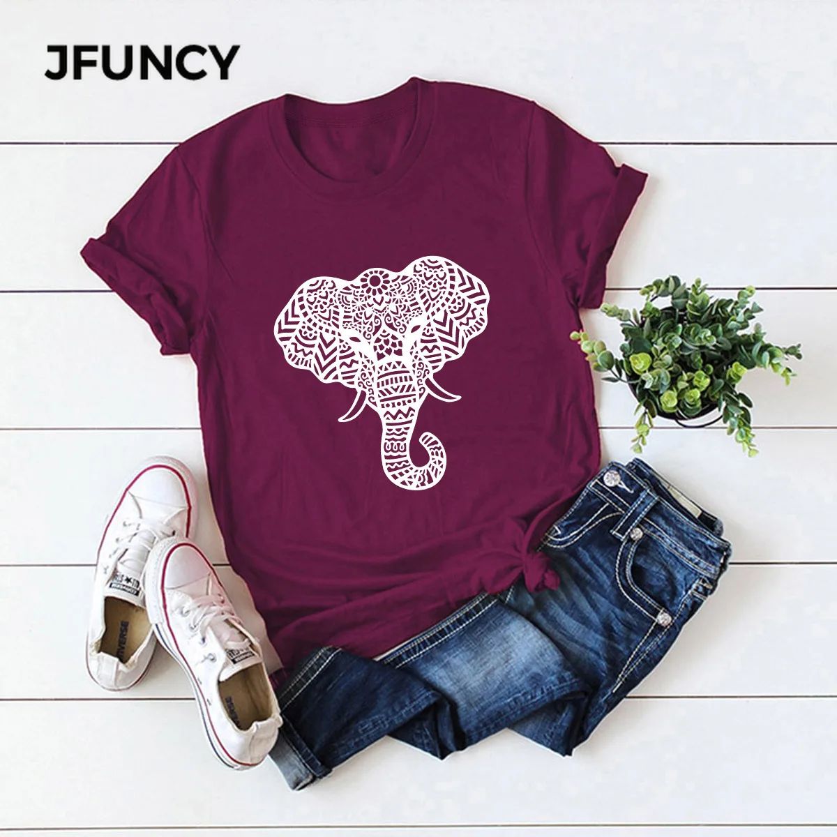 JFUNCY Summer  Women T Shirt Elephant Print Graphic Tees Woman Tops Funny Casual T-shirts Streetwear Kawaii Clothes