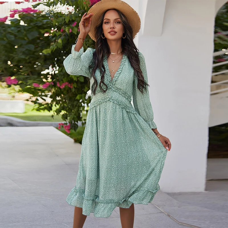 

2021 Spring Summer Beach Maxi Dress Women Floral Print Boho Long Dress Casual V-Neck Ruffle Sexy Party Dresses For Women