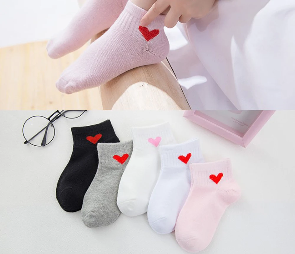 Calcetines de algod&oacute;n para ni&ntilde;os y ni&ntilde;as, calcet&iacute;n corto con dise&ntilde;o de coraz&oacute;n de amor, tiras deportivas, calzado barato, 5 pares, SandQ, novedad, primavera y verano-1
