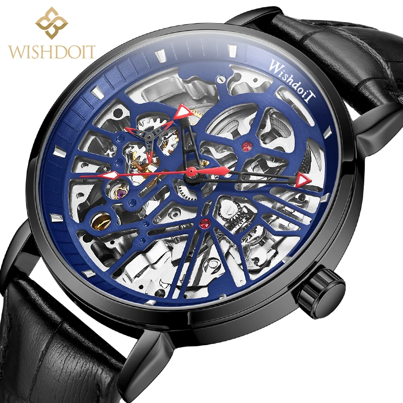 2021Automatic Mechanical Watch Men Top Brand  Luxury Leather Mens Wristwatches Waterproof Sports Blue Watches Relogio Masculino