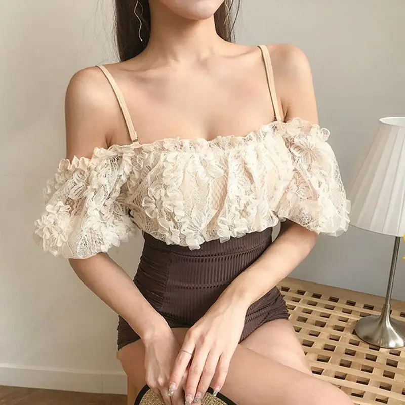 Купальник женский цельный с высокой талией пикантный кружевной купальник в