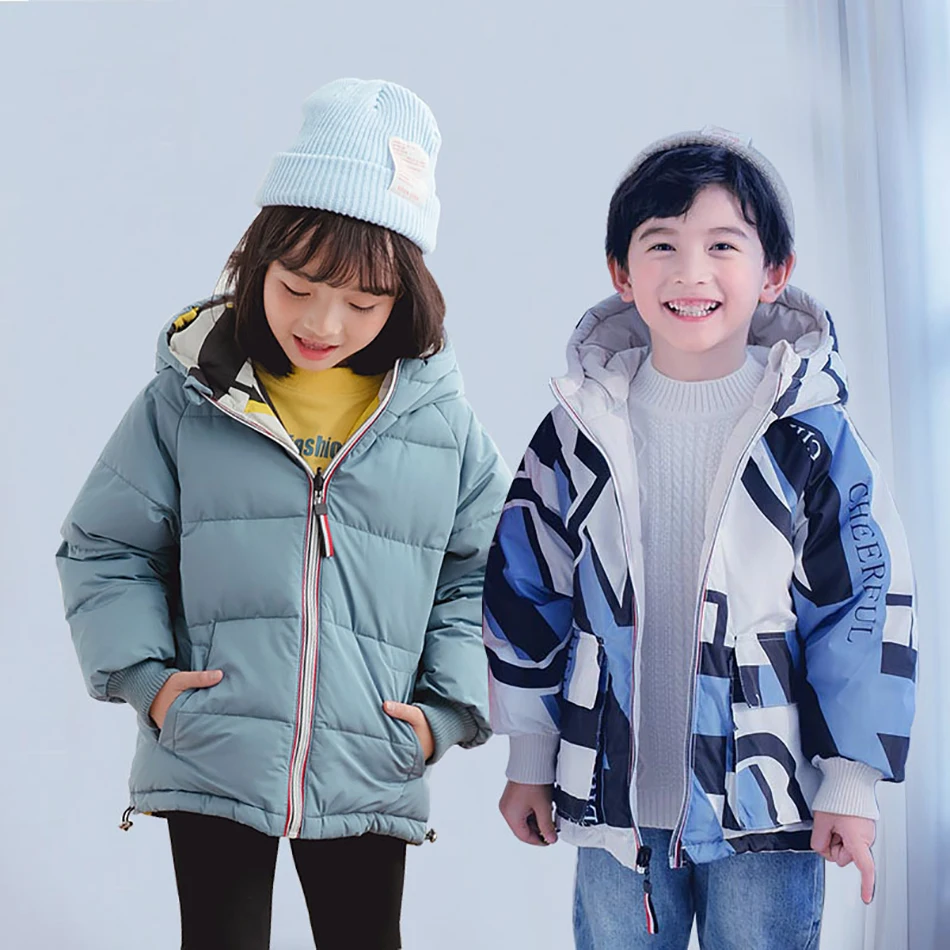 2020 Kids Winter Coats Double-Sided Down Jacket Hooded White Duck Parkas Camouflage Boys And Girls Korean Cartoon Coat | Детская одежда