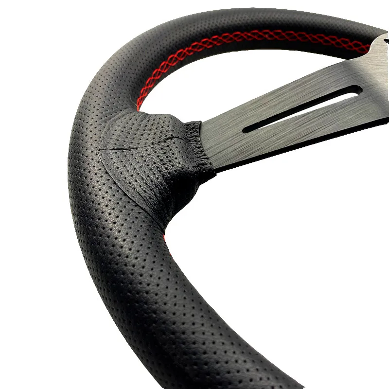 

Racing Leather Steering Wheel 350mm Deep black Steering-wheel Black Aluminum Spoke Aluminum Spoke Red Stitching14inch