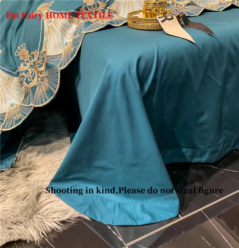 

Luxury Blue 1200TC Egyptian Cotton Soft Cozy High Precision Gold Embroidery Bedding Set Silky Duvet Cover Bed Sheet Pillowcases