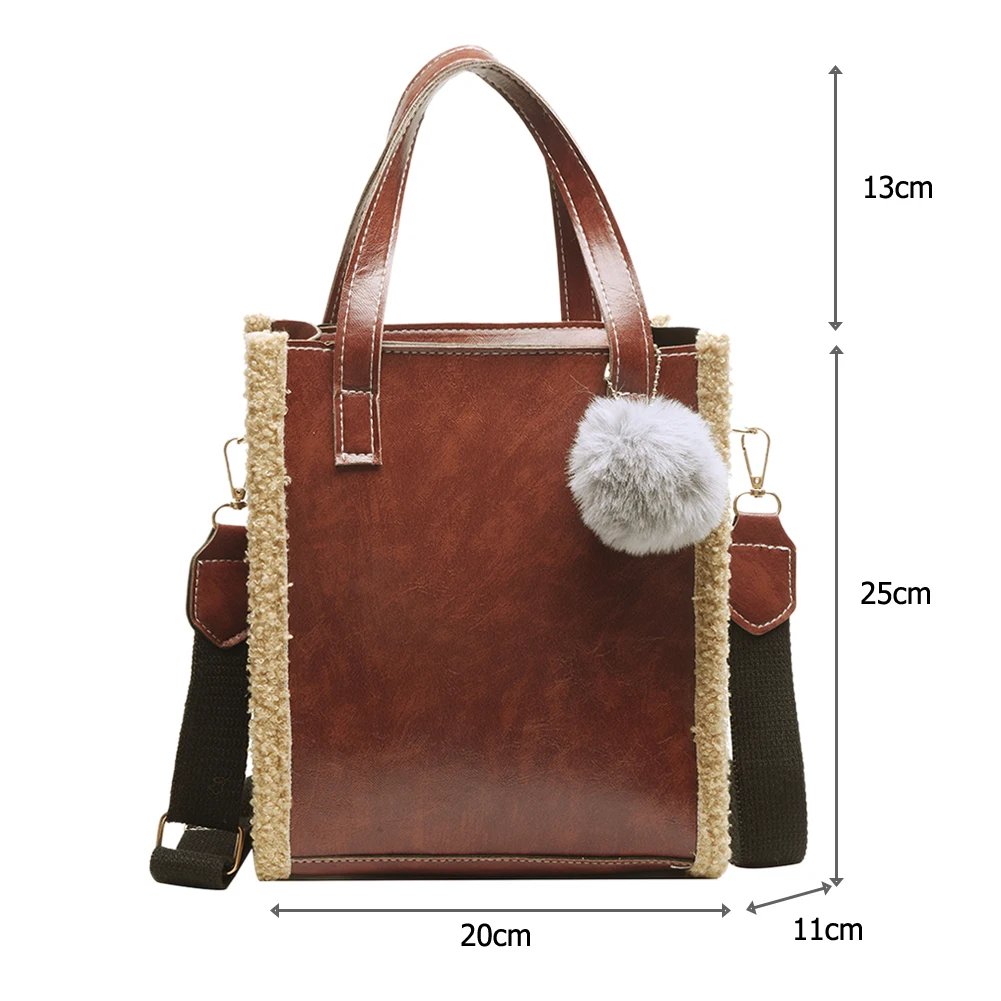 

Fashion PU Leather Lamb Fleece Splicing Shoulder Handbag Casual Women Pompom Decor Crossbody Bag Solid Color Street Travel Purse