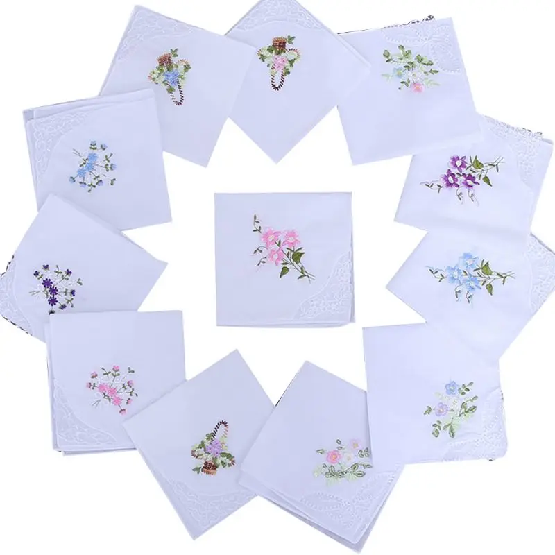 

New 5Pcs/Set 11x11 Inch Womens Cotton Square Handkerchiefs Floral Embroidered with Butterfly Lace Corner Pastoral Style Pocket