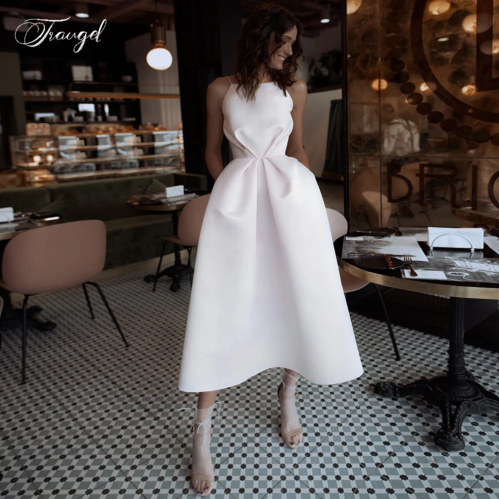 

Traugel Sexy Spaghetti Strap A Line Satin Short Cocktail Dress Sleeveless Backless Tea-Length Prom Evening Party Gown Plus Size