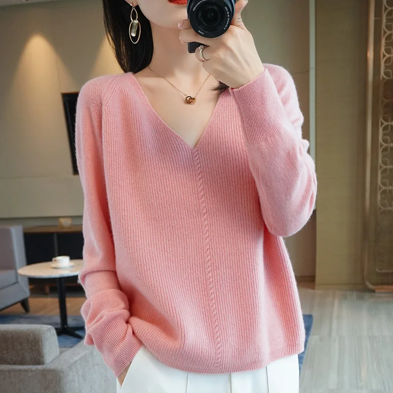 

Женский вязаный свитер с V-образным вырезом, розовый утепленный хлопковый пуловер с длинным рукавом, базовый свитер для осени, 2021