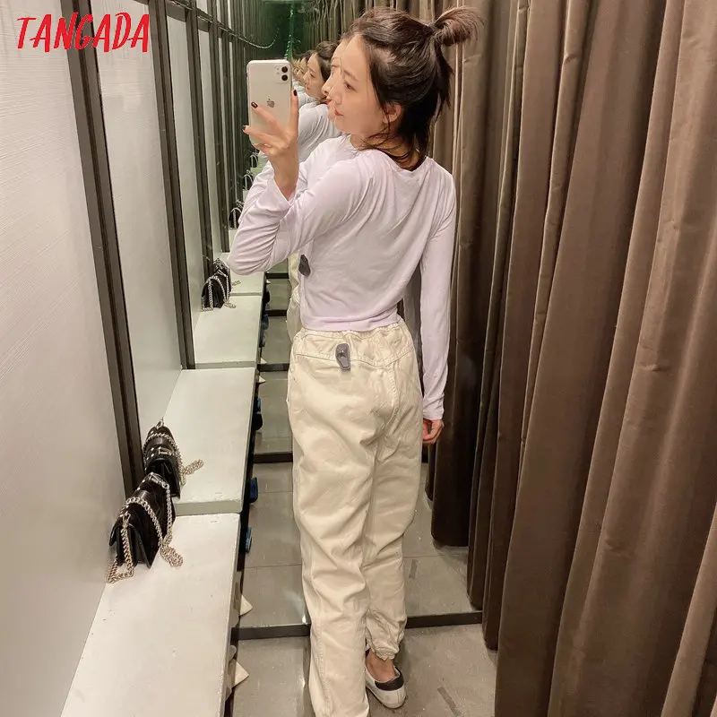 Tangada, модные женские свободные бежевые джинсы, длинные брюки, растягивающиеся на талии, свободные уличные Женские джинсовые штаны 6P19