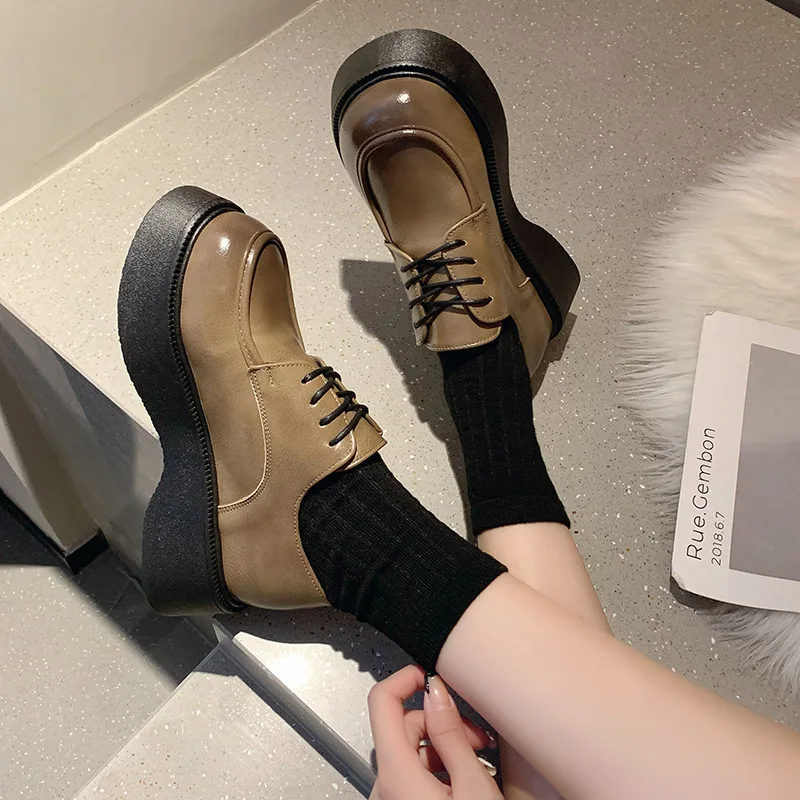 

Туфли женские осенние оксфорды с мехом и круглым носком, на платформе