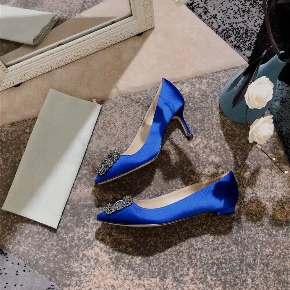 Blue 7cm heels Junetxin/женские туфли-лодочки со стразами; элегантные пикантные женские туфли на высоком каблуке; женская обувь с острым носком; женские туфли-лодочки из экстремальной кожи - Цвет: Blue 7cm heels