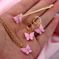 new fashion cute multicolor acrylic butterfly jewelry sets for women sweet girls pendant necklace earrings hairpin set gifts