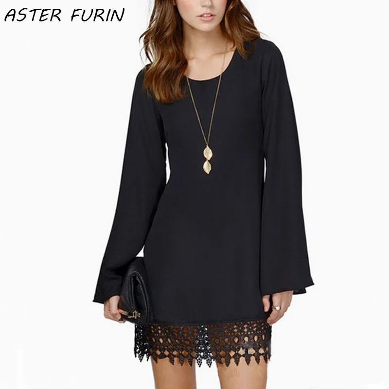 

Women Chiffon Lace Long-Sleeve O-Neck Work Style Solid Color Mini Dresses