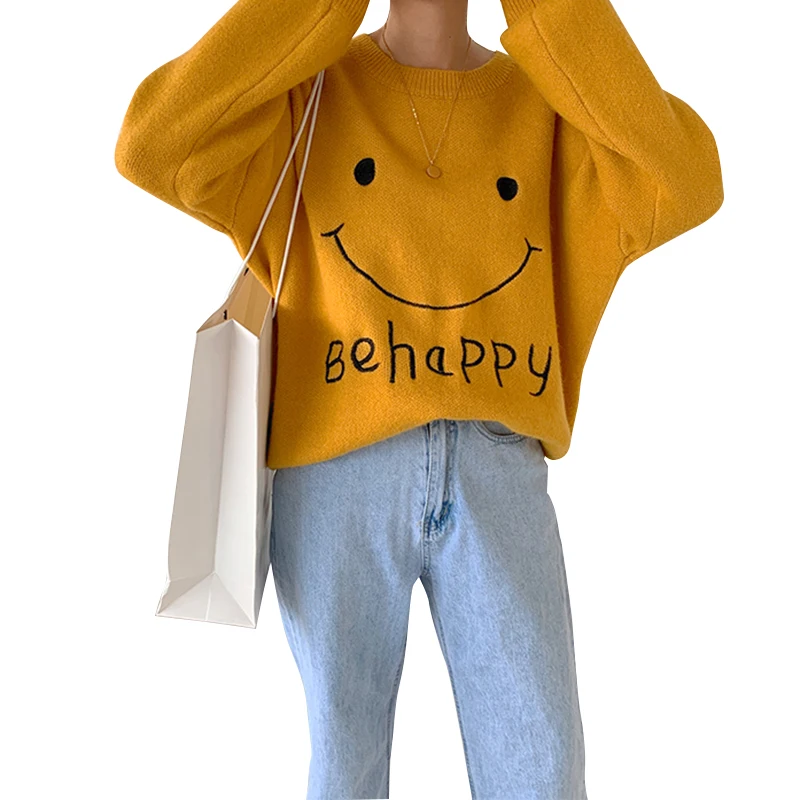 

21 New Smiley Letter Pullovers Women Korean O-Neck Full Sleeve Loose Sweater Autumn Yellow Green Sweet Pullovers Female LD2128