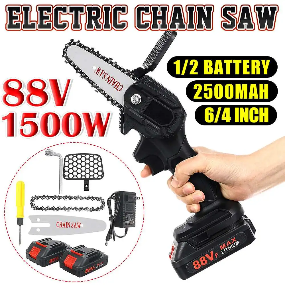

1500W 4 Inch Mini Electric Chain Saw Wood Cutter 88V Chainsaw Woodworking Pruning Garden Power Tool Rechargeable With Battery