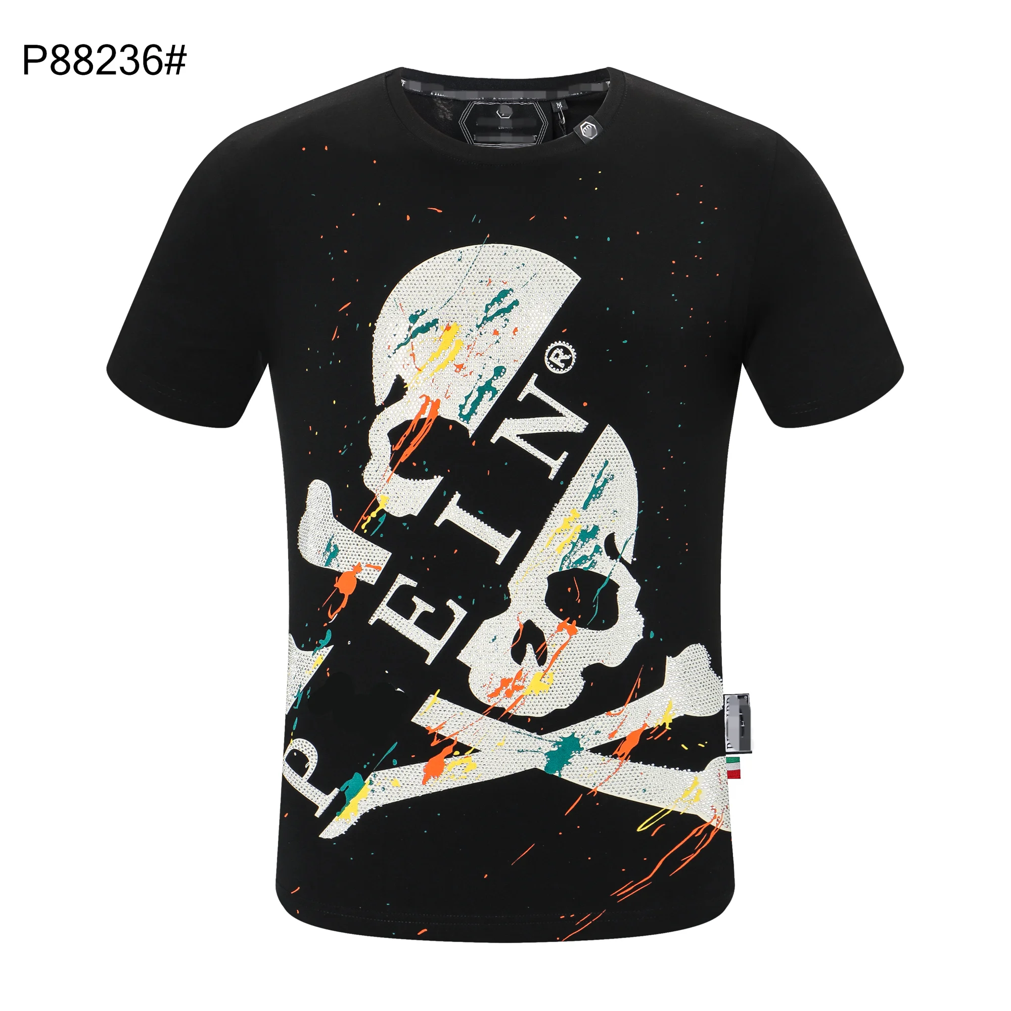 

new plein brand summer style 100% cotton men black pp T-shirt casual O-Neck T-shirt short sleeve tees black T-shirt for men