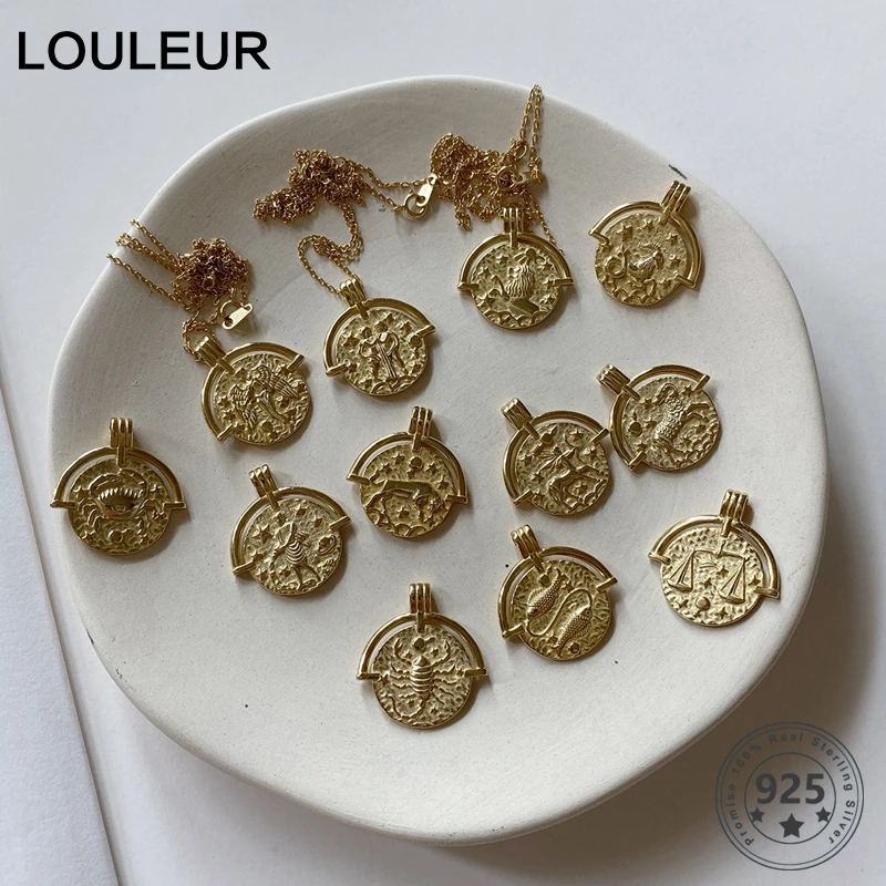 

Louleur 925 Sterling Silver Twelve Constellation Necklace Pendant Gold Emboss Zodiac Necklace for Women Silver 925 Jewelry Gold