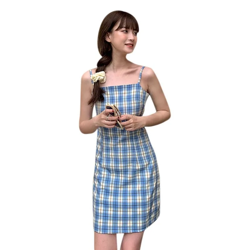 

New Women Summer Skirt French Small Suspender Skirt Slim Slim Temperament Blue Plaid Dress Female