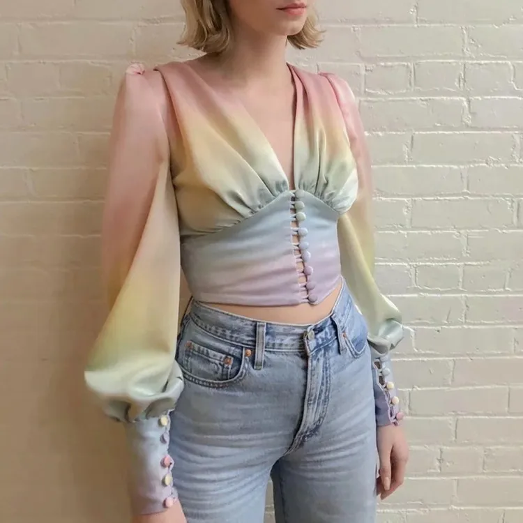 

2021 summer new retro color gradient V-neck single-breasted lantern sleeve short shirt