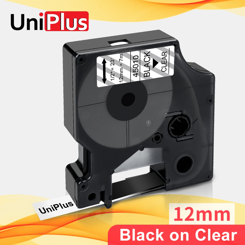 UniPlus 12 мм черный на прозрачных 45010 этикеток для Dymo D1 LM300 LM360D LabelPoint 300 принтер Waterrpoof