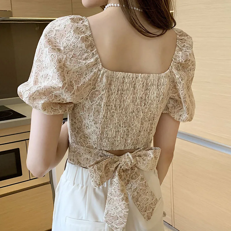 

Women Blouses and Tops 2021 Summer V Collar Bow Top Shirts Blusas Female Floral Puff Sleeve Chiffon Dropshipping Pink Sexy 1013