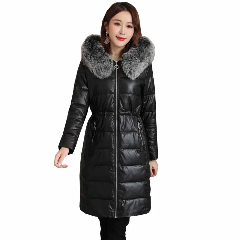 

Женская зимняя куртка из овчины, Толстая теплая кожаная куртка на утином пуху, новинка 2022, модное женское Свободное длинное пальто из кожи, ...