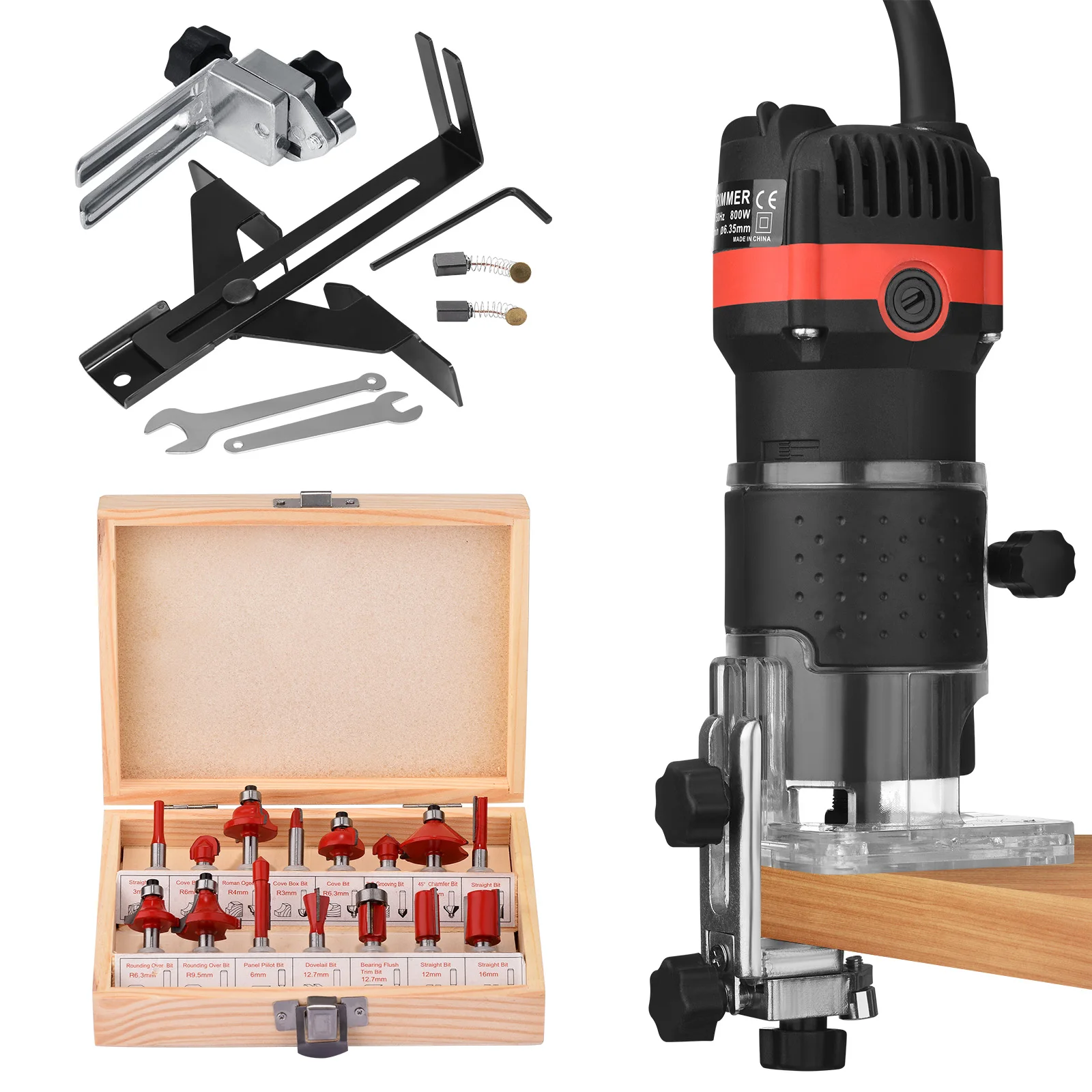 

Electric Hand Wood Trimmer Carpenters Tool Set 15 Cutter Set 6.35MM Diameter 30000R Electric Trimmer Manual Laminator Router