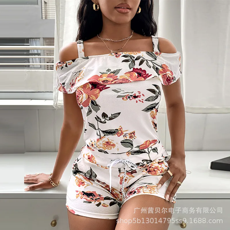 

Mandylandy Summer Sexy Short Sleeve Off Shoulder Square Collar Top + Lace Up Straight Shorts Suit Women Casual Floral Print Suit