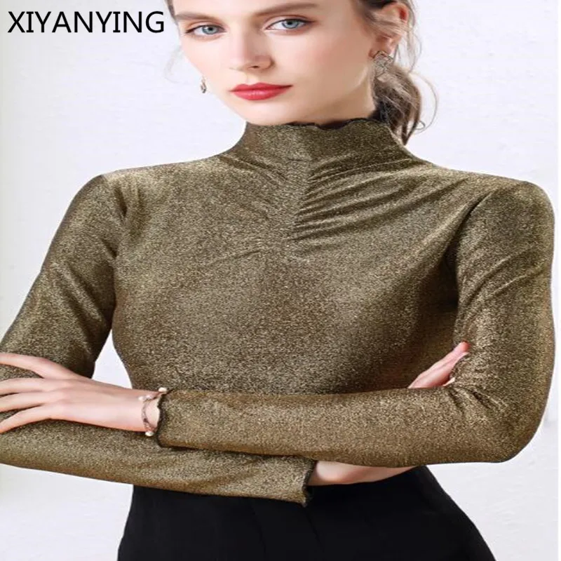 Женская футболка осень зима яркий шелк велюр водолазка футболки мягкая