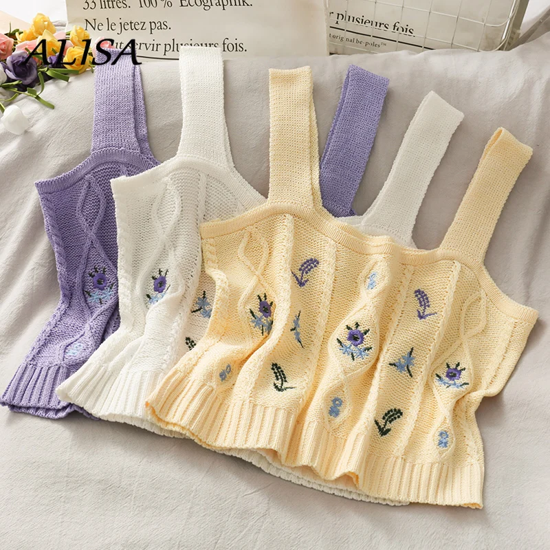 

Летняя Милая женская Трикотажная майка с цветочной вышивкой Y2k