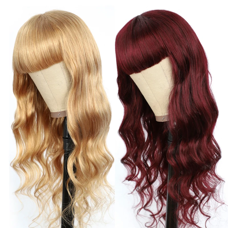

Brazilian Body Wave Human Hair Wigs With Bangs SOKU Blonde Brown Red Full Machine Made Hair Wig For Black Women Non-Remy Hair