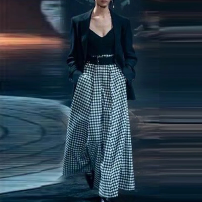 

Модный подиумный 2022 весенний комплект с платьем, женское черное однобортное пальто + клетчатое лоскутное платье, вечерние комплекты высоко...