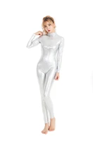 women silver metallic catsuits long sleeve unitards full body bodysuit lycra spandex dance gymnastic stagewear unitard