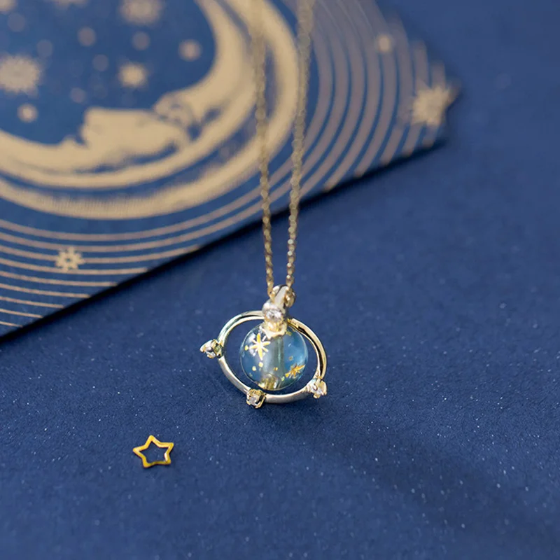 

PONYKISS 100% 925 Sterling Silver Planet Blue Pendant Necklace Party Delicate Fashion Jewelry Accessory Girl Simple Chic Gift