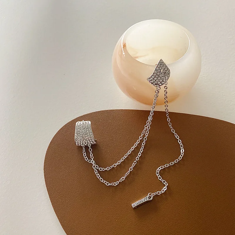 

Korea Design Micro-inlaid Shiny Zircon Chain Tassel Earring Ear Clip Silver Color For Women Irregular Party Aesthetic Jewelery