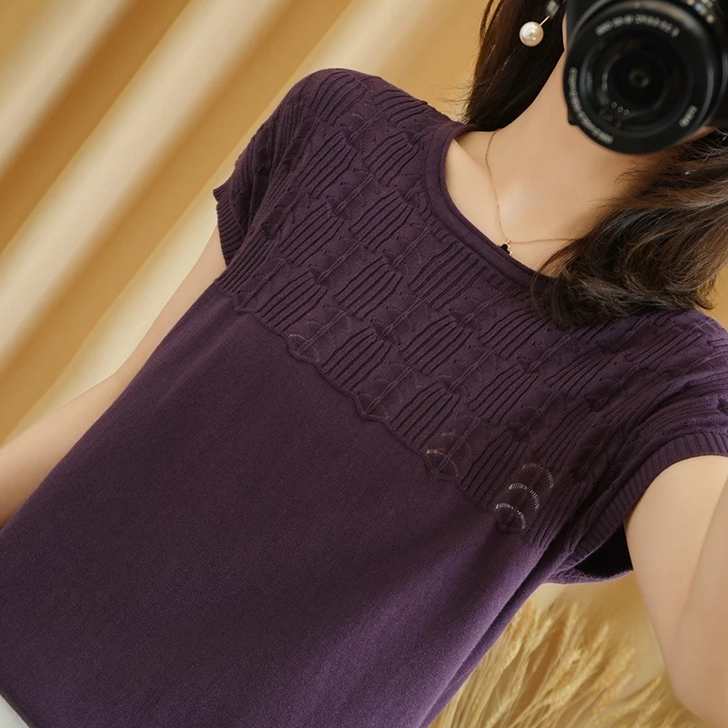 

2021 summer new cotton T-shirt women casual round neck pullover Slim sweater solid color short-sleeved tees plus size tops