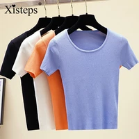 xisteps 2021 summer new women t shirt summer cool ice silk square neck shirt women slim clothes short sleeve top solid color ins