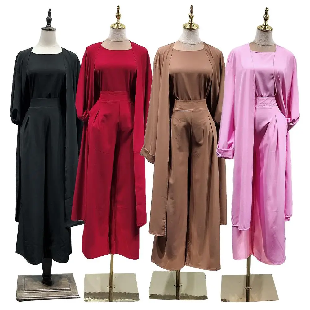 

Muslim Women Set Dress Kimono Open Cardigan + Tops + Wide Leg Pants Dubai Islamic Clothing Arab Sets 2019 Autumn Fashion Ramadan
