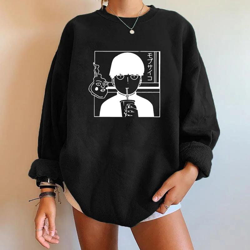 

Seeyoushy Mob Psyhco100 Anime Printing Women Sweatshirts Long Sleeve Casual Drop Shoulders Pullovers Crewneck Tops Sweatshirts