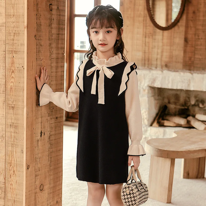 

Girl Dress Elegant Knit Kids Dresses for Girls Long Sleeve Bowtie Ruffle Princess Costume 8 10 12 14 16Y Children Clothing
