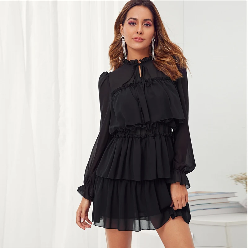 SHEIN черный оборка с завязками на шее с рюшами для девочек на вечеринки, цветок вечерние мини-платье Для женщин Осень Стенд воротник женские элегантные вечерние платья