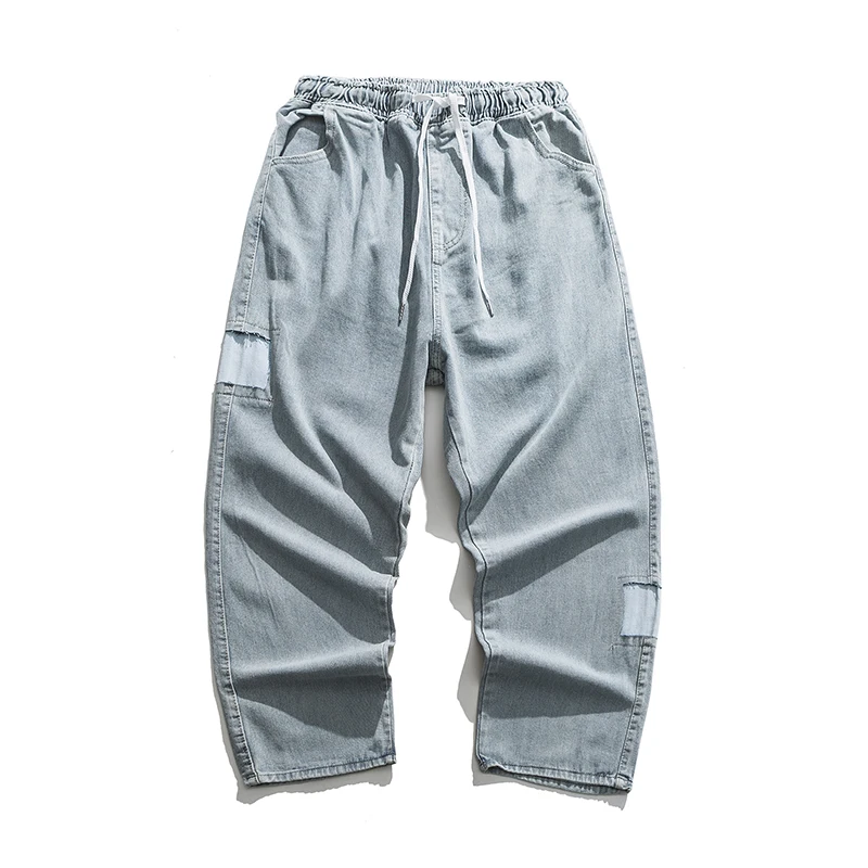 

2021 Spring Korean Ripped Patch Straight Jeans Loose Distressed Jeans Trousers Kpop Hip Hop Cargo Pants Men Clothing Streetwear