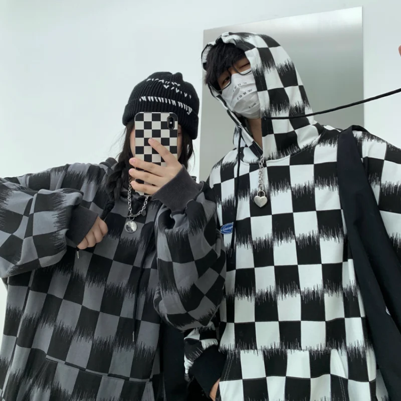 

Парная одежда, толстовки с длинным рукавом, Женская Осенняя новая Корейская версия, винтажная клетчатая свободная уличная одежда, стильные ...